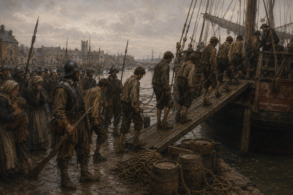 Chained rebel prisoners herded up a gangplank onto a small merchant ship at a grey West Country quay, soldiers guarding and families held back