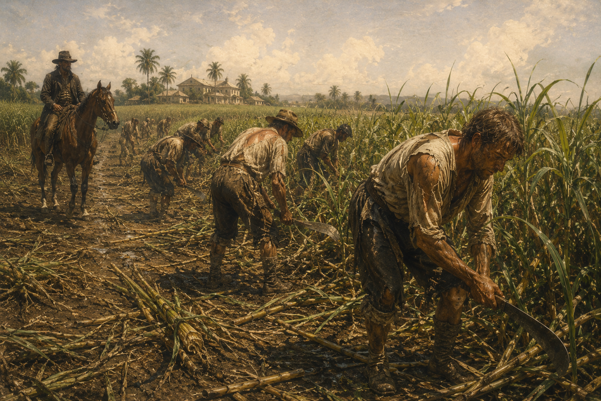 Gaunt English bond-labourers cutting sugar cane under a brutal sun in colonial Jamaica, an overseer watching on horseback