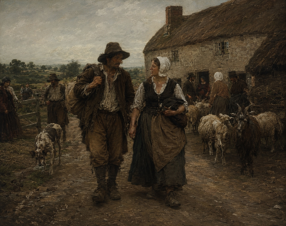 An English Levels village in the 1680s, villagers and animals in a muddy lane before a thatched cottage