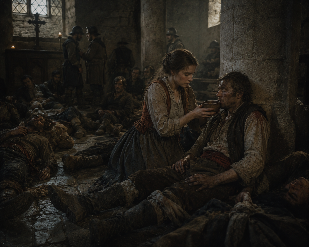 A village girl kneeling to hold a cup of water to a wounded rebel prisoner inside a stone church used as a gaol