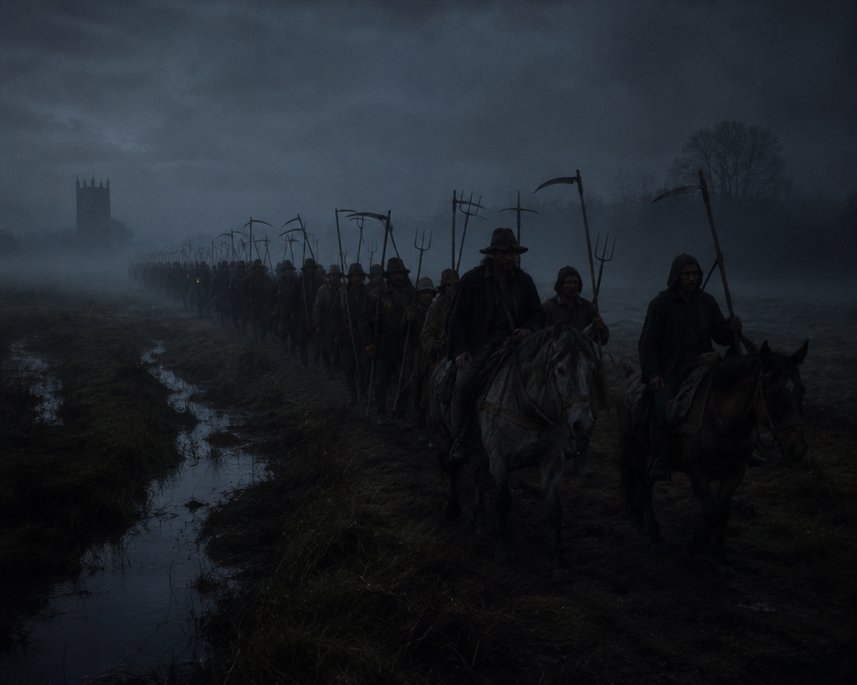 The rebel army marching in silence across a misty Somerset moor at night, armed with scythe-poles