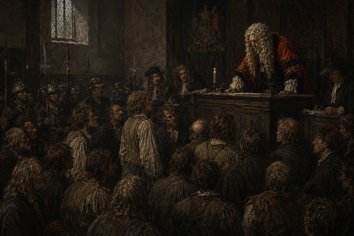 A judge in red robes on the bench at the Bloody Assizes, a crowded gloomy courtroom packed with ragged rebel prisoners under guard